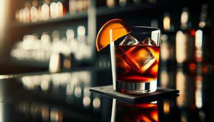 Negroni served on a reflective black bar top, focus on the drink, garnished with a slice of orange, soft blur on the surroundings.. AI generated. - obrazy, fototapety, plakaty