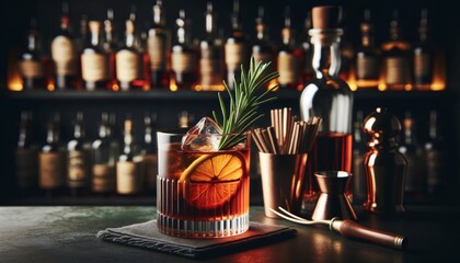 Aromatic Negroni with a sprig of rosemary, highlighting the herbal accent, set against a backdrop of dark bar shelves.. AI generated. - obrazy, fototapety, plakaty