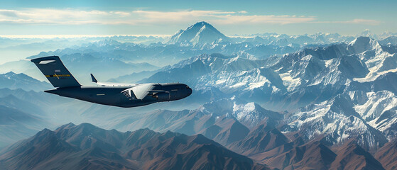 A large cargo plane soaring high above snow-covered mountain peaks beneath a clear blue sky.