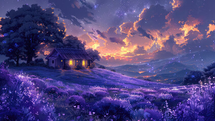 Purple flower field, a house in the middle of it, sky with clouds and stars, fantasy style. Created with Ai
