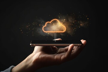 A hand holding a Phone with glowing cloud icon floating above it, symbolizing the user's connection to digital data and AI technology on black background Generative AI - obrazy, fototapety, plakaty