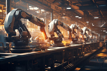 Robotic arms performing welding tasks on an assembly line, showcasing advanced technology in a manufacturing plant
