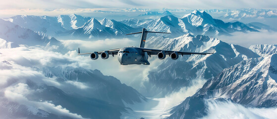 Cargo plane flying low over snowy mountain range, with clear blue sky in background.