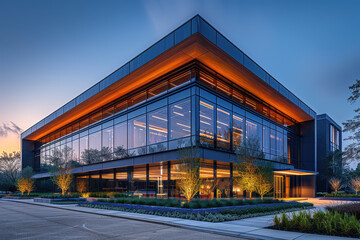 A sleek modern warehouse building with large glass windows and illuminated by yellow LED lighting, against the backdrop of twilight sky. Created with Ai