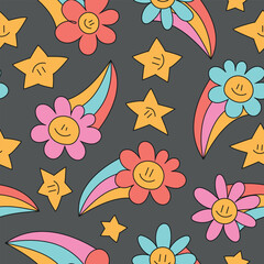 Colorful groovy flowers, meteors, stars on dark cosmic space vector seamless background. Cute chieldish design for fabric, card