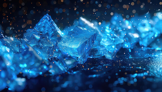3d render of abstract blue crystal landscape, blue ice mountains, blurred background. Created with Ai