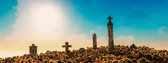 Sunlit Crosses Amidst a Field of Sunflowers under a Clear Blue Sky