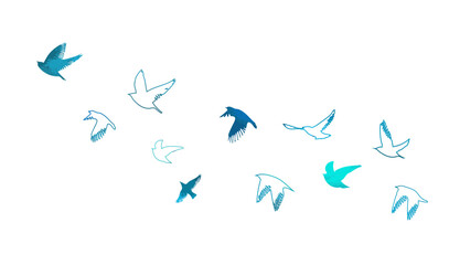 A flock of blue watercolor flying birds. Free birds abstraction Vector illustration
