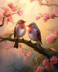 Two Pink Robins interacting on a branch, showcasing their social behavior, the lush green forest providing a serene environment