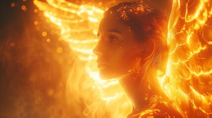 A woman with amber fire wings engulfed in a fiery geological phenomenon