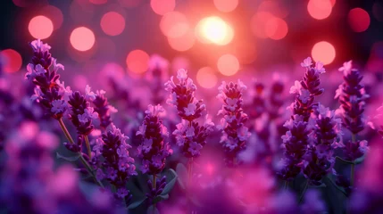 Papier Peint photo autocollant Roze Purple flowers bloom at sunset over a field of grass