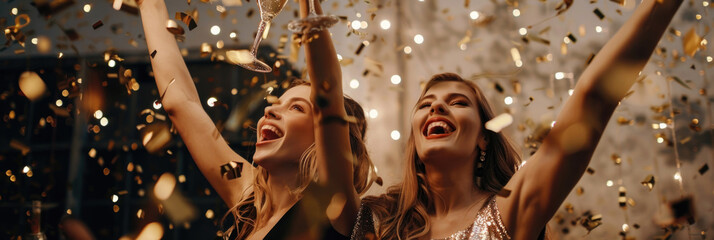 Two women in the image are joyfully celebrating, throwing colorful confetti and holding streamers, expressing their happiness and excitement