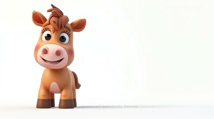 3D rendering of a cute cartoon horse. The horse is brown and has a white mane and tail.
