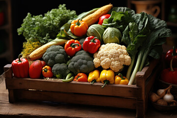 Fresh homegrown vegetables in wooden crate box on table. Eco farm product. Summer organic harvest and healthy food.