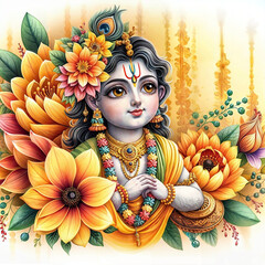 Watercolor illustration for the festival of vishu with a young lord krishna and konna flowers decoration for social media poster ads created with generative ai	 - obrazy, fototapety, plakaty