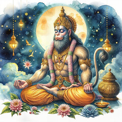 Watercolor illustration for hanuman jayanti with a lord hanuman in meditation for social media poster or card created with generative ai	
 - obrazy, fototapety, plakaty