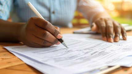 A close-up view showing the hand of an individual as they sign paperwork, with a focus on the pen and documents