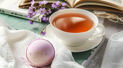 Lavender bath bomb with a book and a cup of tea