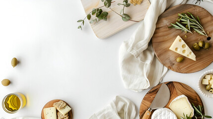 Cheese board with olives and rosemary on a white background, copy space