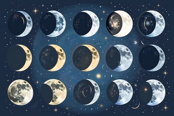 Moon Phases Illustration. Moon phases lunar cycle shadow and earth globe vector illustration .