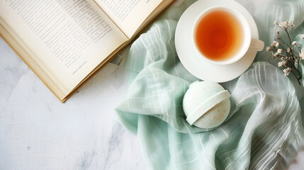 Bath bomb with a book and a cup of tea