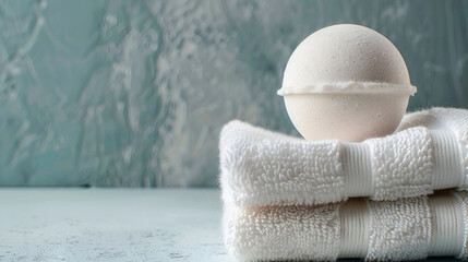 A bath bomb with a stack of towels on a blue marble  background, copy space