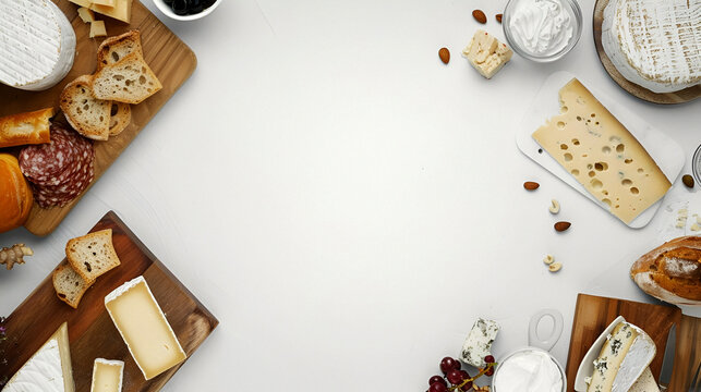 Cheese board with bread and sausage on a white background, copy space