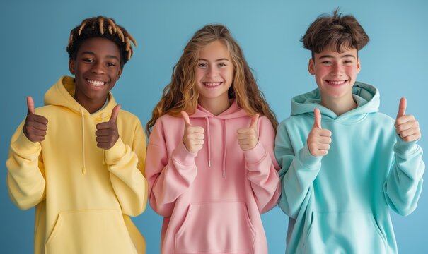 Group of interracial teenage schoolboys and girls in colorful sweatshirts showing thumbs up on blue background