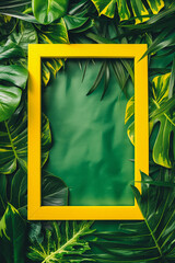 Fluorescent modern yellow frame on green background - obrazy, fototapety, plakaty