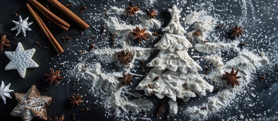 A Christmas tree crafted out of flour set against a black backdrop adorned with anise stars and cinnamon sticks.