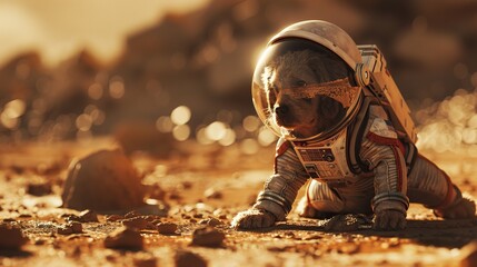 Puppy exploring venus in a spacesuit - obrazy, fototapety, plakaty
