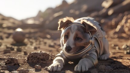 Puppy exploring venus in a spacesuit - obrazy, fototapety, plakaty