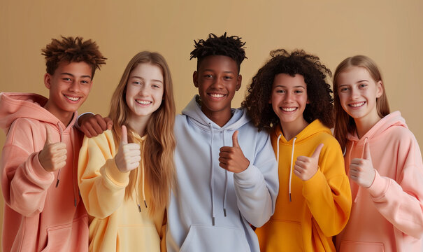 Group of happy interracial teenage schoolboys and girls in colorful sweatshirts showing thumbs up on beige background