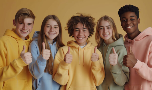 Group of happy interracial teenage schoolboys and girls in colorful sweatshirts showing thumbs up on beige background