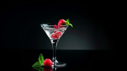 A martini glass filled with raspberries and mint, sitting on a sleek black background. The...