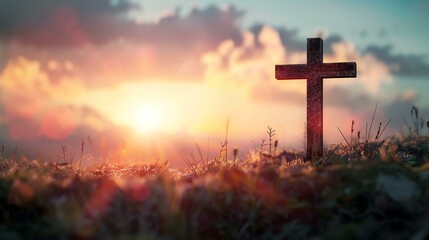 A wooden cross stands on a hill at sunset. The cross is in the foreground, with the sun setting...