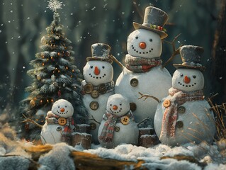 A family of snowmen are standing in front of a Christmas tree. The snowmen are wearing hats and scarves, and they are all smiling. The scene is cheerful and festive - obrazy, fototapety, plakaty