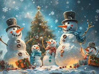 A group of snowmen are gathered around a Christmas tree, with one of them holding a gift. The scene is festive and joyful, with the snowmen and tree representing the holiday season - obrazy, fototapety, plakaty