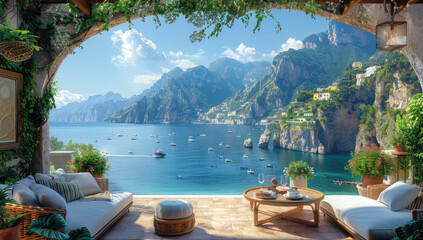 A realistic photo of the beautiful Italian coast with mountains and sea, with lush greenery and boats in the distance. Created with Ai
