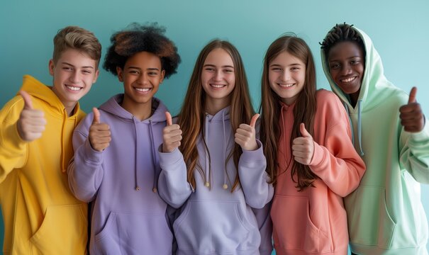 Group of interracial teenage schoolboys and girls in colorful sweatshirts showing thumbs up on blue background