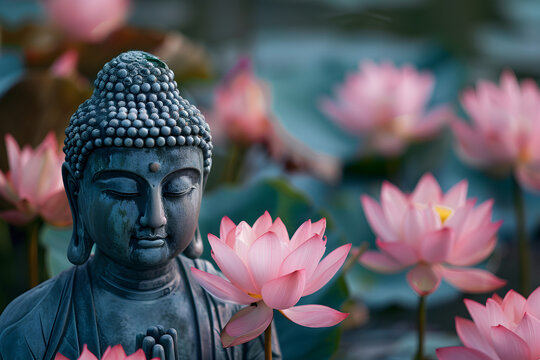 An image of lotus flowers and a buddha statue in a serene outdoor garden setting, representing tranquility and spiritual mindfulness.