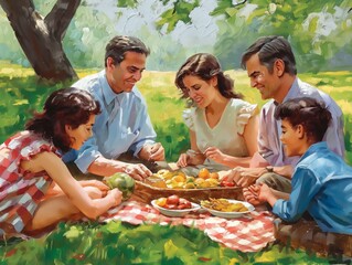 A family of five is sitting on a blanket in a park, enjoying a picnic. Scene is happy and relaxed, as the family members are smiling and sharing food together. Concept of togetherness and bonding - obrazy, fototapety, plakaty