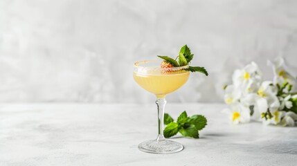 A cocktail garnished with mint leaves in a champagne stemware on a table, showcasing elegant tableware and drinkware for a refreshing martini drink. - obrazy, fototapety, plakaty