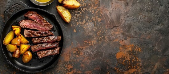 Cast iron plate holding grilled rib-eye steak slices, accompanied by yellow potato wedges and oil in a small dish, placed on a table with empty space for text.