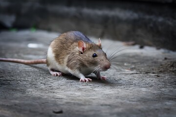 Closeup selective focus shot brown rat concrete ground Brown rat scurrying across a concrete surface, selectively focused