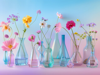 A row of vases filled with flowers of various colors and sizes