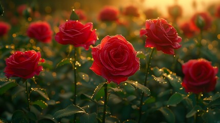 Field of red roses with water drops, a beautiful natural landscape - obrazy, fototapety, plakaty