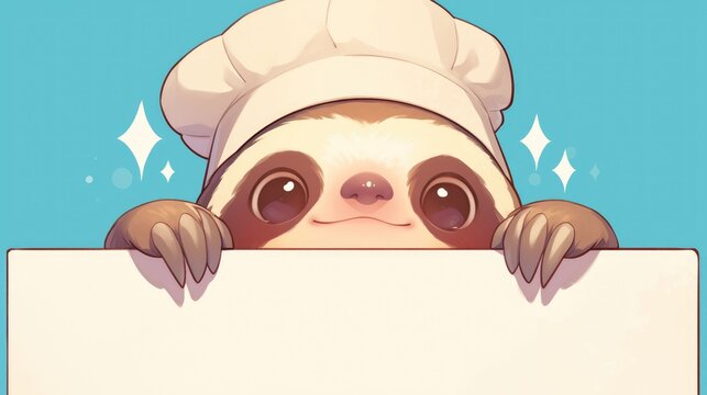 A charming sloth chef playfully peeks out from behind a blank sign