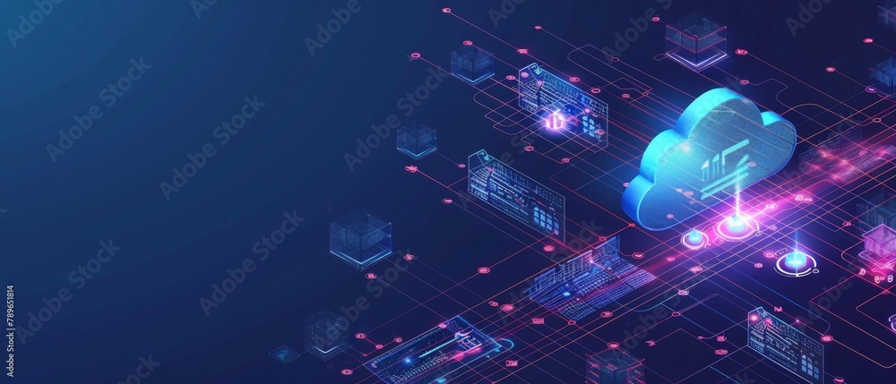 Poster a dark blue background with an illustration of cloud storage, data and icons representing digital do