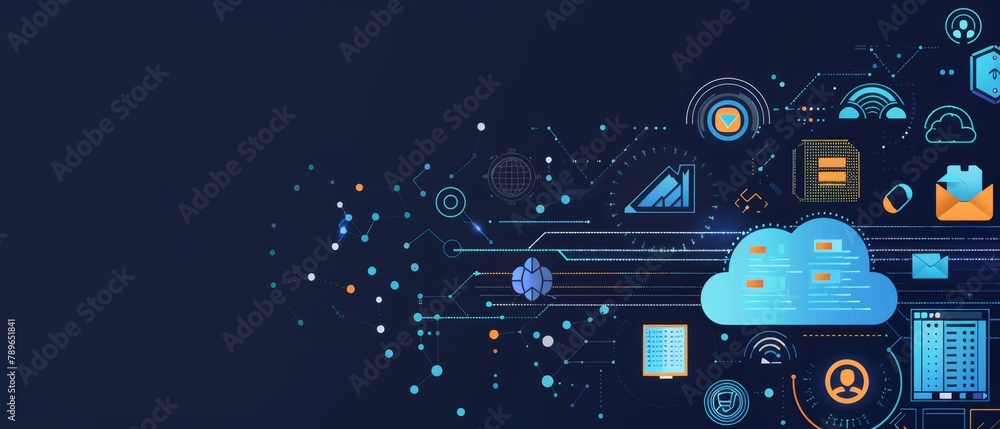 Poster a dark blue background with an illustration of cloud storage, data and icons representing digital do